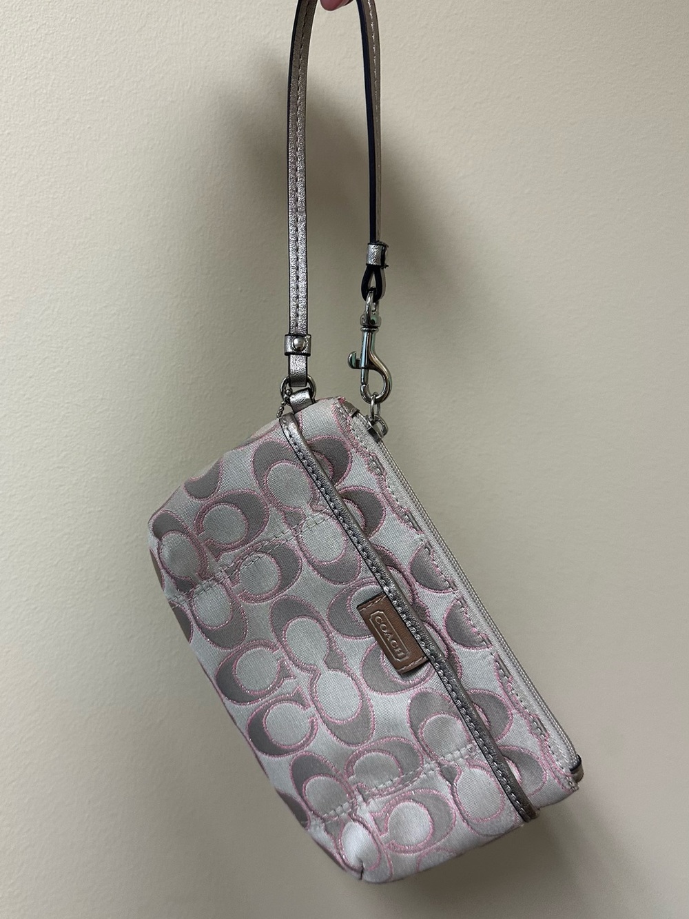 Coach Signature Pink & Silver Jacquard Wristlet Y2K Pouch